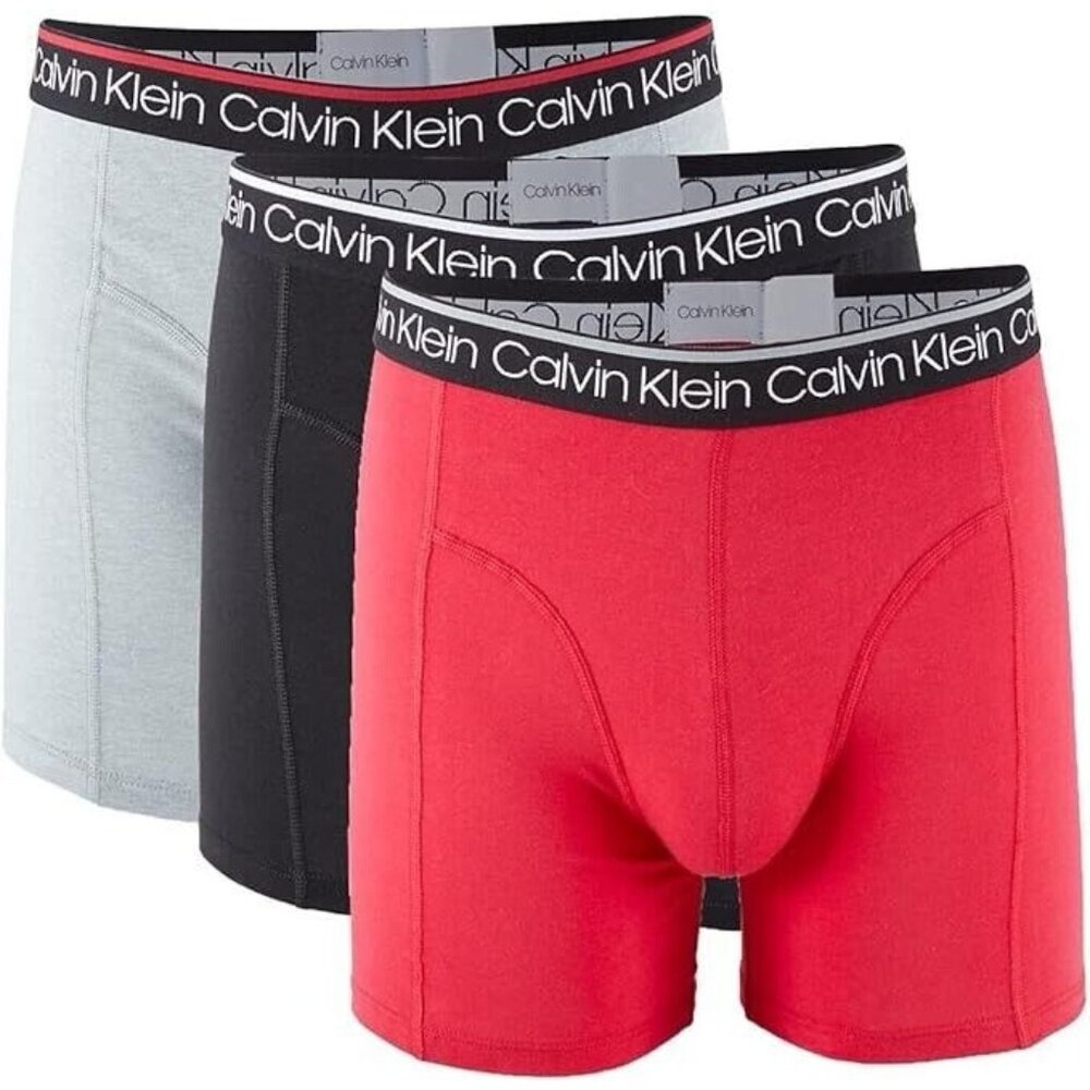 CALVIN KLEIN COTTON STRETCH BOXER BREIF 3 PACK CHARCOAL, BLACK, RED - MENS XL